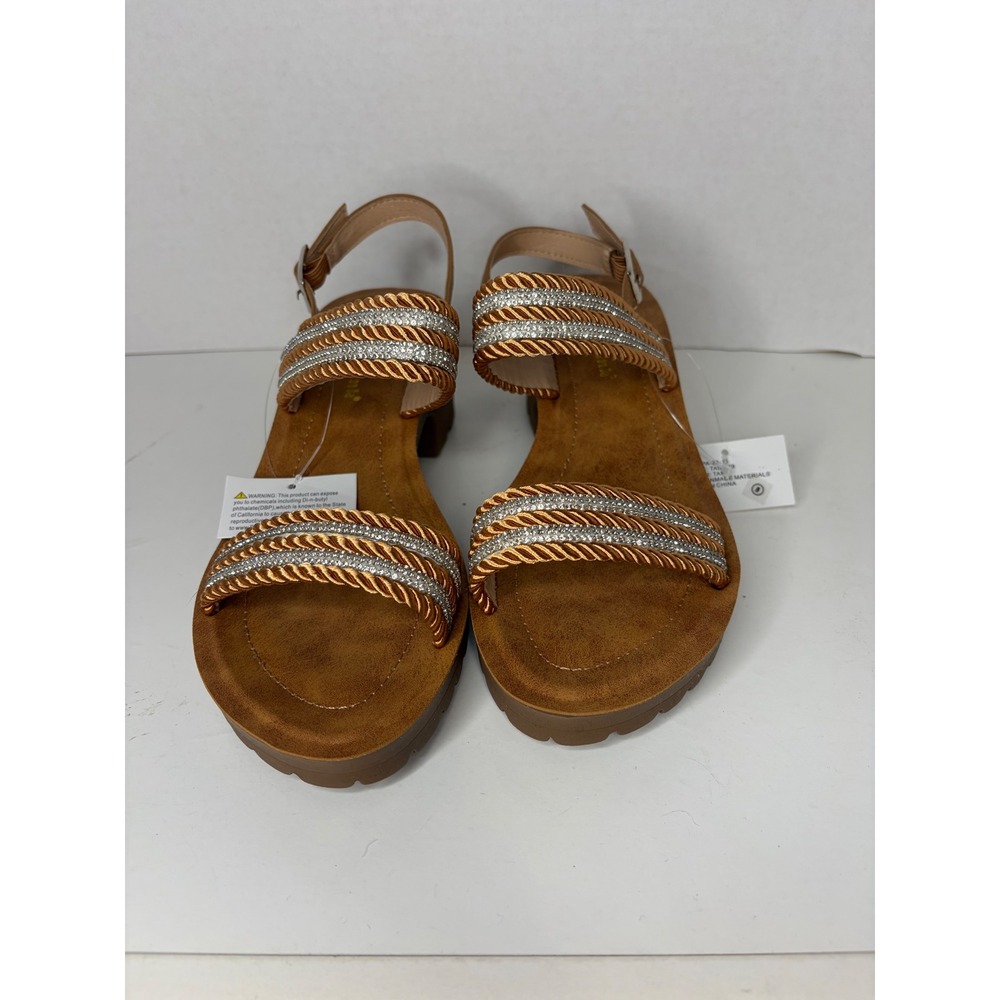 Forever Link Tan Braided Gold/Silver Rhinestone Platform Block Heel Sandals Sz 8